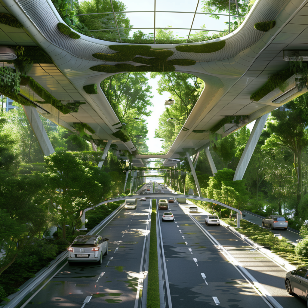 Image #4 for an article about the Coexistence of EVs and Internal Combustion Powered Vehicles working Harmoniously in Separate Zones with EV's having Dedicated Underground Pathways and Abovegound Highway Systems allowing mixed use.