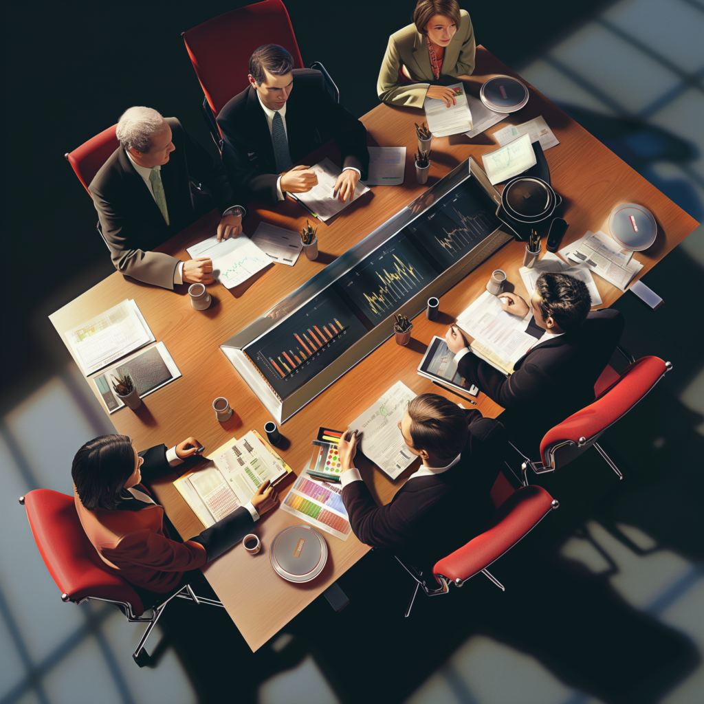 Picture of a team of business executives working on integrating the marketing plan with the business plan